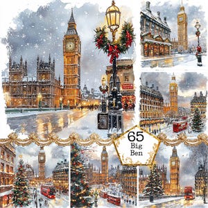 JPEG Aquarell London Ansicht Clipart Bundle Big Ben Clipart Winter Stadt Grafiken Sofortiger Download Papier Handwerk Junk Journal Scrapbooking