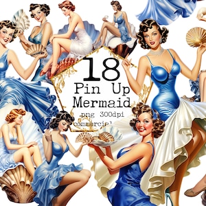 Bundle de cliparts sirène rétro PNG Pin Up cliparts sirène PNG des années 1950 coquillages PNG Clipart papier artisanat indésirable journal Scrapbooking
