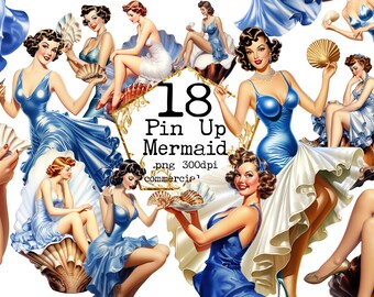 PNG Retro Mermaid Clipart Bundle Pin Up Mermaid Clipart PNG 1950s Seashells PNG Clipart Paper Crafts Junk Journal Scrapbooking