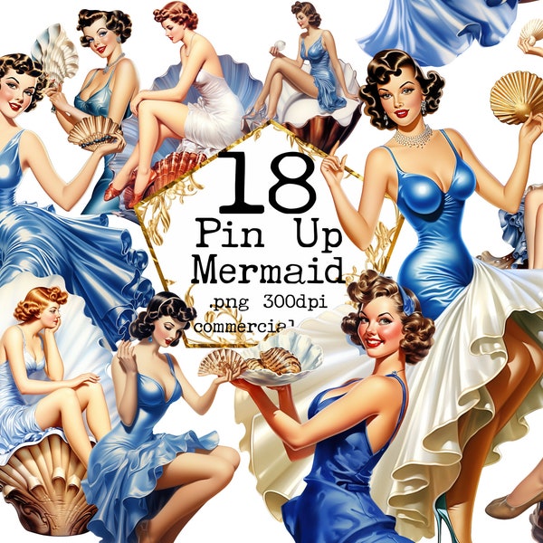 Retro Mermaid Clipart Bundle Pin Up Mermaid Clipart PNG 1950s Seashells PNG Clipart Paper Crafts Junk Journal Scrapbooking