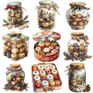 May include: Nine jars and boxes filled with various cookies and treats. The jars are decorated with ribbons and bows, and the boxes are decorated with snowflakes. The cookies are a variety of shapes and sizes, and they are all decorated with icing and sprinkles.