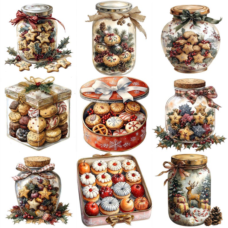 May include: Nine jars and boxes filled with various cookies and treats. The jars are decorated with ribbons and bows, and the boxes are decorated with snowflakes. The cookies are a variety of shapes and sizes, and they are all decorated with icing and sprinkles.