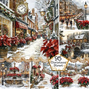 JPEG Aquarell Weihnachten Street Clipart gemütliche Winterstraße Weihnachtsstadt Instant Download Papier Handwerk Junk Journal Scrapbooking für Karten