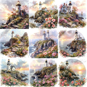 May include: A collection of nine watercolor paintings depicting lighthouses on rocky cliffs. Each scene features a white lighthouse with a red top, surrounded by colorful flowers and the ocean. The sky shows a sunset or sunrise.