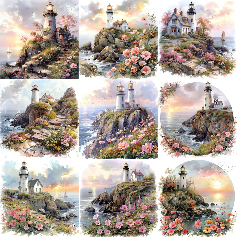 May include: A collection of nine watercolor paintings depicting lighthouses on rocky cliffs. Each scene features a white lighthouse with a red top, surrounded by colorful flowers and the ocean. The sky shows a sunset or sunrise.