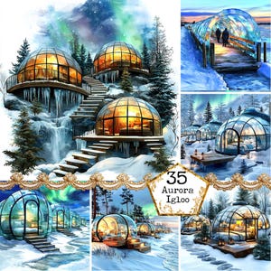 JPEG Aurora Igloo Clipart Bundle Nort Pole Clipart Campeggio Clipart Uso commerciale Download immediato Artigianato di carta Diario spazzatura Scrapbooking