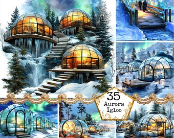 Pacote de clipart JPEG Aurora Igloo Clipart North Pole Clipart Camping Clipart Uso comercial Download instantâneo Papel Artesanato Junk Journal Scrapbooking