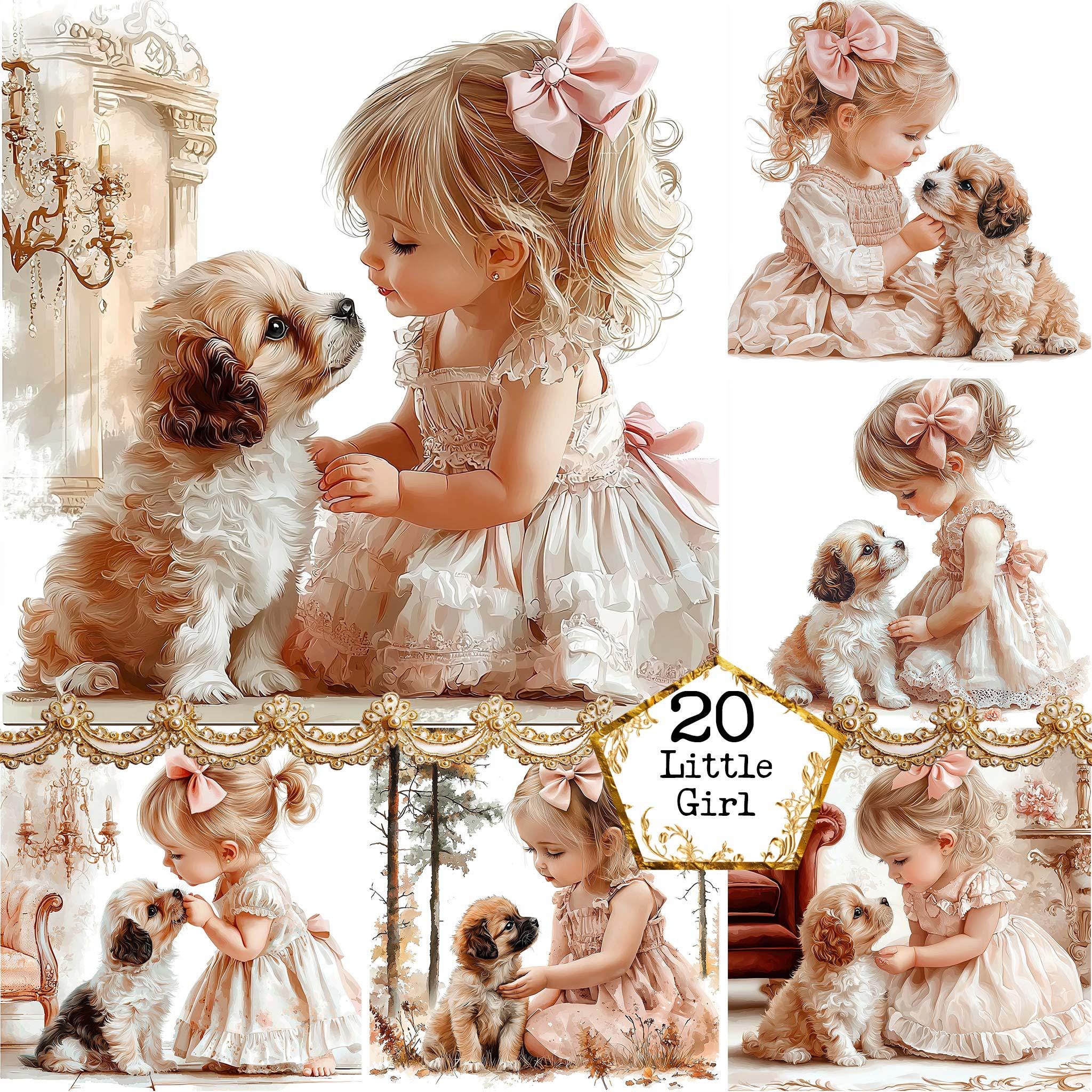 JPEG Girl and Dog Friends Clipart Cute Little Girl in a Vintage Dress Commercial Use Instant Download Paper Crafts Junk Journal Scrapbooking