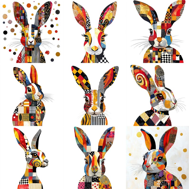 Patterned Rabbits JPG Abstract Bunny Clipart Bundle Patchwork Rabbit Clipart Easter ...