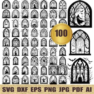 Op de afbeelding: Een set van 100 zwart-witte SVG-snijbestanden met verschillende gotische raamontwerpen. De ontwerpen omvatten een verscheidenheid aan vormen, maten en details, zoals glas-in-lood, spinnenwebben en vleermuizen. De tekst "100" wordt weergegeven in goud op een gele cirkel.