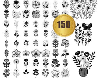 150 Whimsical Flowers svg, dxf, eps, ai, pdf, jpg, png Flowers Bundle SVG Wildflower SVG, Floral Svg Rose Svg Tree Svg Files, Flower Cricut