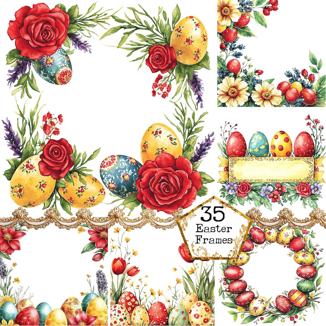 PNG + JPEG Watercolor Easter Frames Clipart Bundle Easter Egg Easter ...