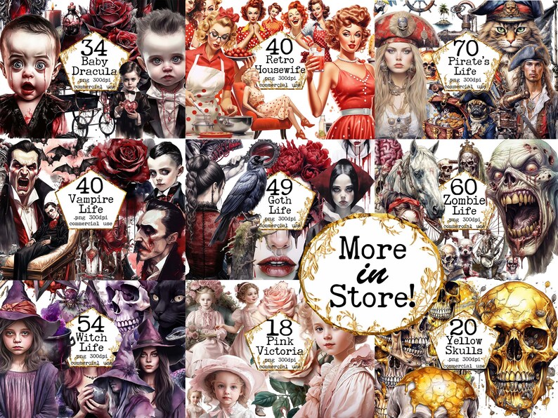 K&ouml;nnte beinhalten: Eine Collage aus digitalen Illustrationen mit verschiedenen Charakteren und Themen, darunter ein Babyvampir, eine Retro-Hausfrau, ein Pirat, ein Goth-M&auml;dchen, ein Zombie, eine Hexe, ein pinkfarbenes viktorianisches M&auml;dchen und gelbe Sch&auml;del. Die Bilder sind im Cartoon-Stil gehalten und haben eine dunkle und skurrile Atmosph&auml;re.