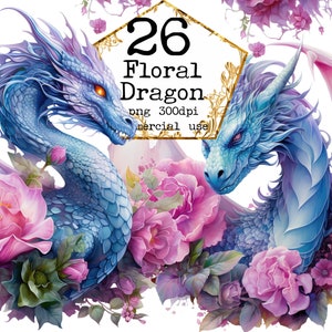 Watercolor Dragon Clipart Bundle Dragon Sublimation Design Flower Wreath Floral Dragon Clipart Instant Download Commercial Use Junk Journal