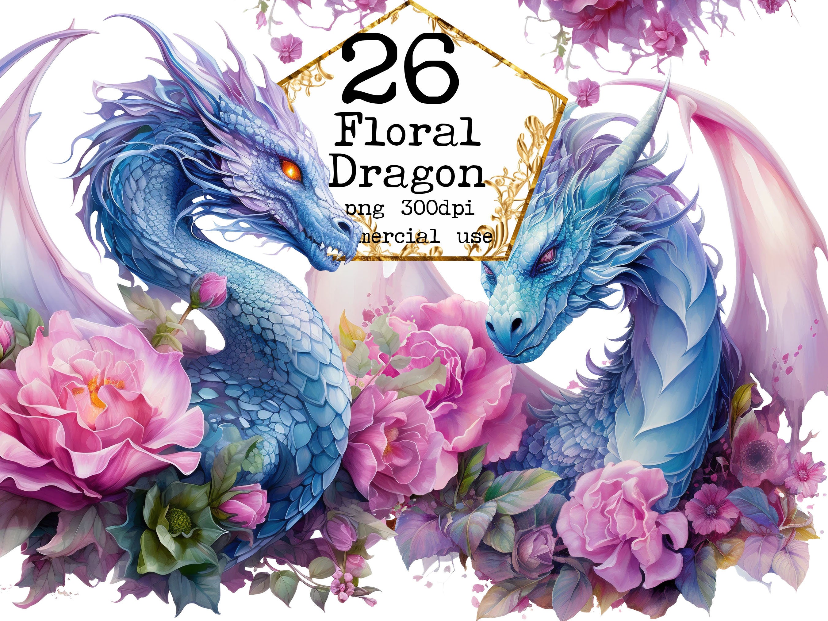 Watercolor Dragon Clipart Bundle Dragon Sublimation Design Flower Wreath Floral Dragon Clipart Instant Download Commercial Use Junk Journal