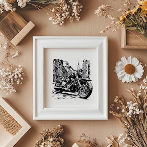 May include: Black and white illustration of a motorcycle in a city setting. The motorcycle is in the foreground and the city buildings are in the background. The motorcycle has a large front wheel and a smaller back wheel. The motorcycle is facing the right side of the image.