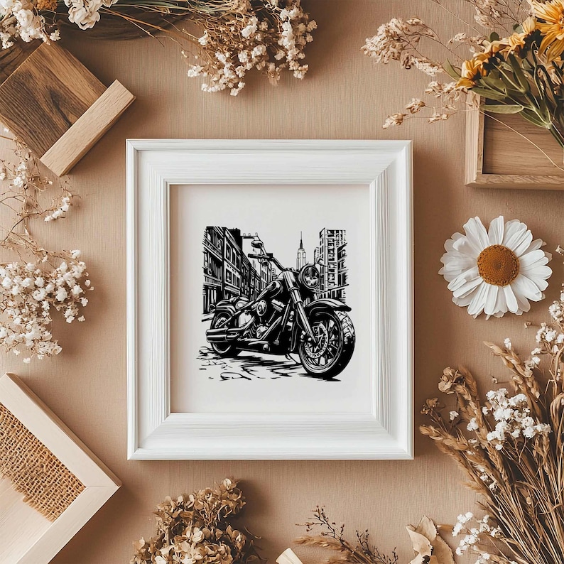 May include: Black and white illustration of a motorcycle in a city setting. The motorcycle is in the foreground and the city buildings are in the background. The motorcycle has a large front wheel and a smaller back wheel. The motorcycle is facing the right side of the image.
