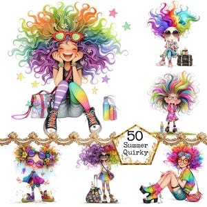 JPEG Watercolor Quirky Summer Girl Clipart Bundle Whimsical Girl Ephemera Art Instant Download Paper Crafts Junk Journal Scrapbooking
