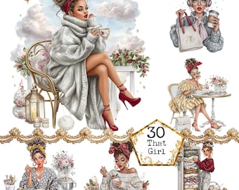 Op de afbeelding: Een digitale kunstcollage met zes illustraties van stijlvolle vrouwen. De vrouwen worden afgebeeld in verschillende omgevingen, waaronder thee drinken, schrijven en eten bereiden. Het kleurenpalet bevat zachte pasteltinten, met accenten van rood en goud. De tekst "30 That Girl" is ook aanwezig.