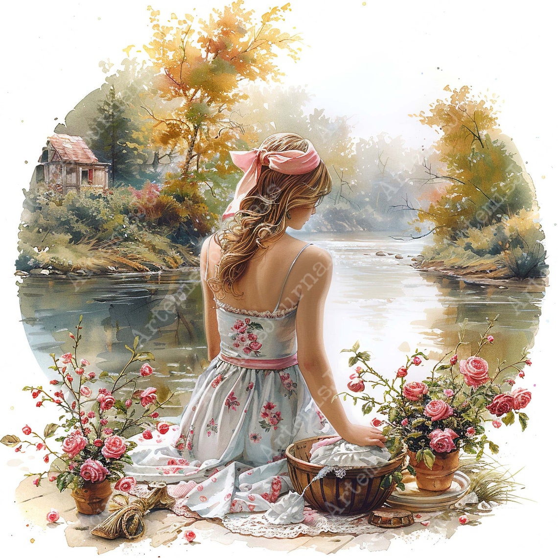Vintage Shabby Chic Girl at the River Washing Clothes JPEG Laundry Day ...
