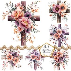 PNG + JPEG aquarelle floral croix Clipart Bundle Clipart religieux Clipart chrétien Téléchargement instantané Paper Craft Junk Journal Scrapbooking