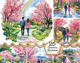 May include: A collection of 25 watercolor illustrations featuring couples walking through cherry blossom trees. The illustrations depict various scenes, including a couple walking under a rainbow, a couple walking along a river, and a couple walking through a traditional Japanese garden. The illustrations are all in a soft, romantic style.