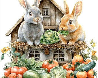 JPEG 水彩画 野菜畑のウサギ 2 匹 クリップアート バンドル 商用利用
