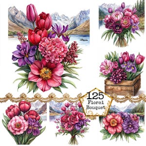 JPEG Watercolor Spring Flowers Graphics Bouquet Clipart Spring Landscape Images Instant Download Paper Crafts Junk Journal Scrapbooking