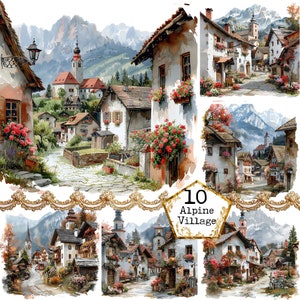 Old German Alpine Village Overgrown with Flowers Clipart Bundle JPEG Commercial Use Instant Download Paper Crafts Junk Journal Scrapbooking