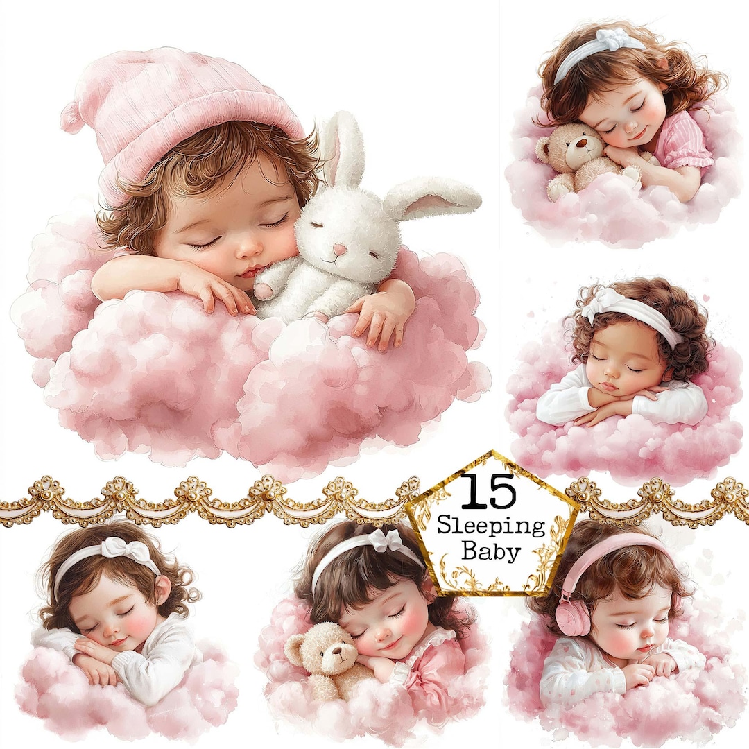 JPEG Watercolor Cute Baby Girl Sleeping in a Cloud Clipart Bundle ...