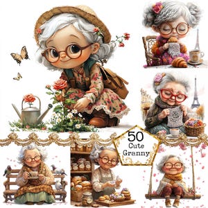 Clipart de abuelas lindas en acuarela JPEG, abuela divertida, abuela caprichosa, dama peculiar, arte, descarga instantánea, manualidades de papel, diario basura, álbumes de recortes
