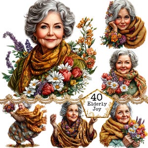 Paquete de imágenes prediseñadas de mujer mayor con ramo de flores en acuarela PNG + JPEG, flores de primavera, descarga instantánea, manualidades de papel, diario basura, álbumes de recortes