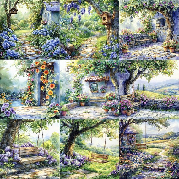 JPEG Watercolor Garden Retreat Graphics Spring Flowers Garden
