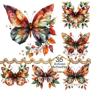 PNG + JPEG Acquerello Foglie Autunnali Farfalla Clipart Bundle Arte Tecnica Mista Autunno Download Istantaneo Artigianato di Carta Diario di Scartoffie Scrapbooking