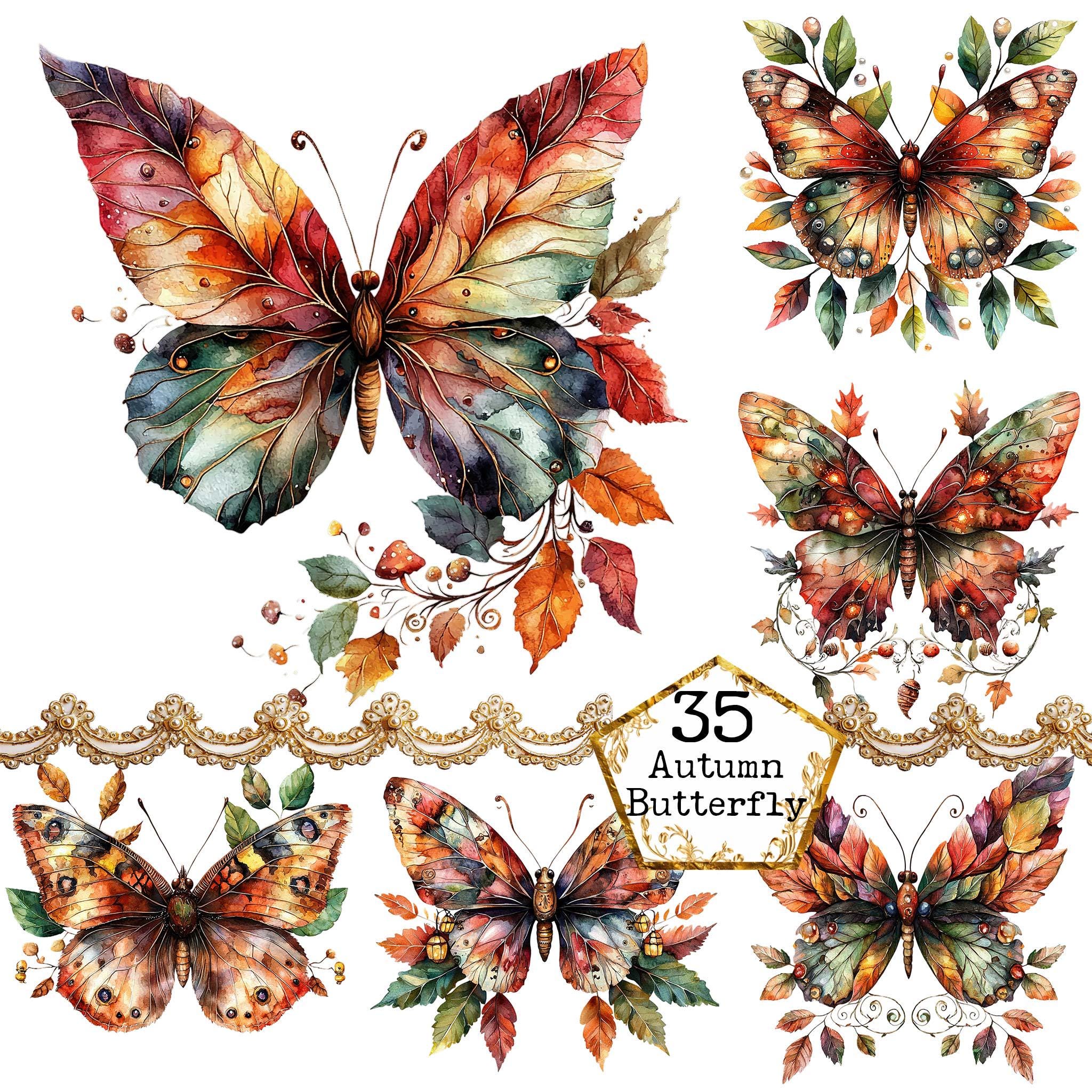 PNG + JPEG Watercolor Autumn Leaves Butterfly Clipart Bundle Mixed ...