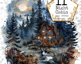 Paquete de cabaña de troncos nocturnos PNG, cabaña en el bosque, imágenes prediseñadas de casas, imágenes prediseñadas de acuarela de cabaña, casa del bosque, descarga instantánea del lugar favorito