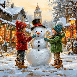 May include: Two children in winter clothing build a snowman in a snowy town square. The snowman has a black top hat, a carrot nose, and a friendly smile. The children are smiling and appear to be having fun.