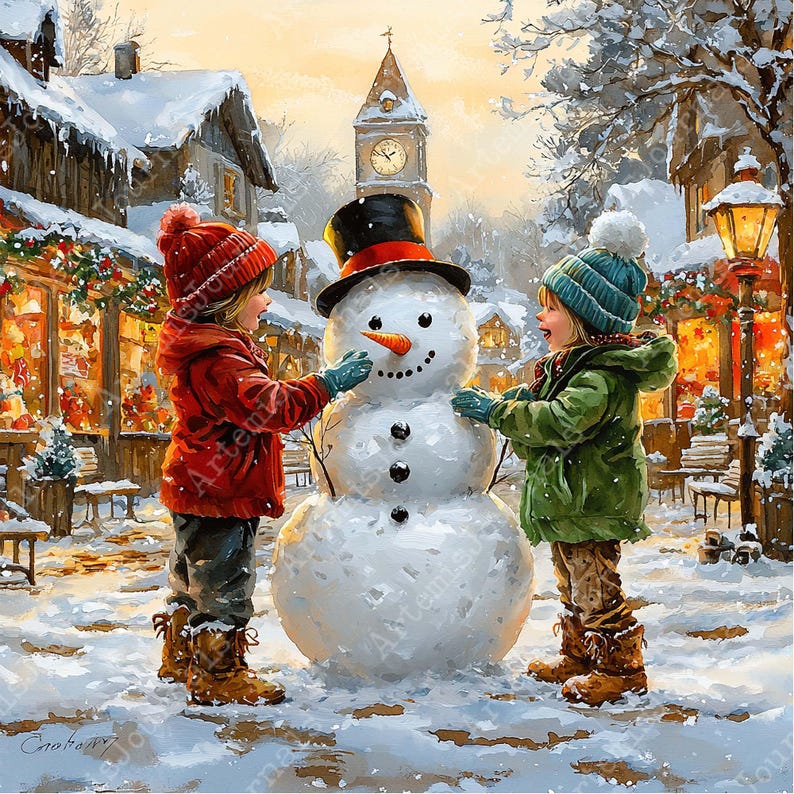 May include: Two children in winter clothing build a snowman in a snowy town square. The snowman has a black top hat, a carrot nose, and a friendly smile. The children are smiling and appear to be having fun.