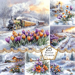 JPEG Watercolor Spring Flowers Graphics Daffodils Clipart Spring Landscape Snowdrops Spring Village Paper Craft Junk Journal Scrapbooking