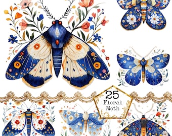 PNG + JPEG Watercolor Folk Art Moth Clipart Bundle Spring Clipart Mystical Moths Art Instant Download Paper Crafts Junk Journal Scrapbooking