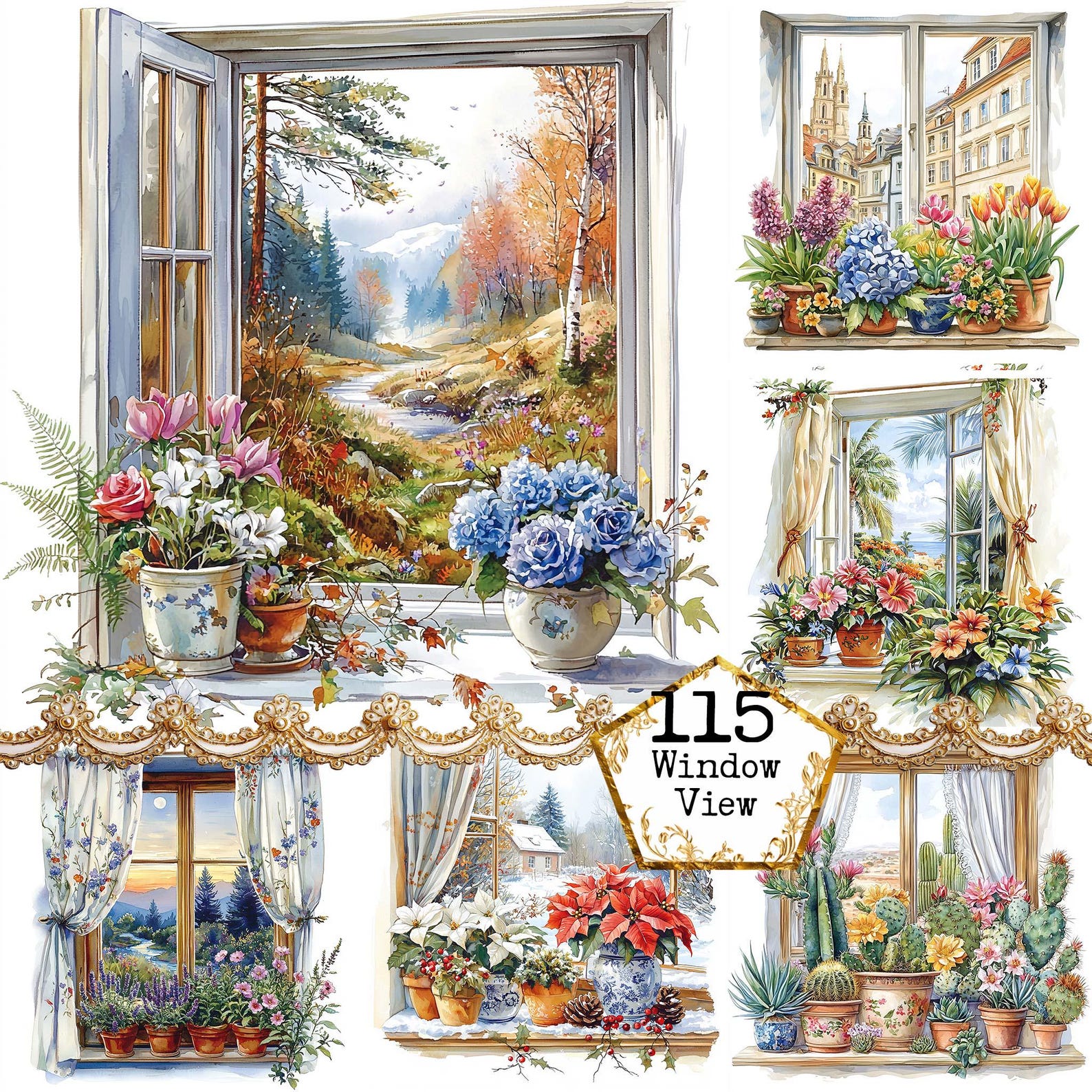 JPEG Watercolor Floral Window Clipart Bundle Spring Autumn Winter ...