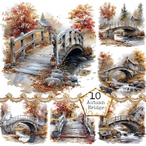 Aquarela Outono Ponte Clipart Pacote JPEG Paisagem Cenário Outono Clipart Rio Download instantâneo Papel Artesanato Junk Journal Scrapbooking