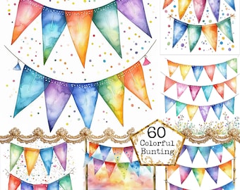 60 JPEG Watercolor Party Bunting Instant Download Party Bunting Elegant Garland Clipart Printable Paper Crafts Junk Journal Scrapbooking