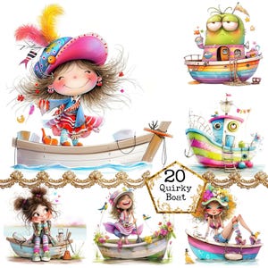 Pacchetto di clipart di ragazza eccentrica in barca con acquerello JPEG, ragazza stravagante, effimera, arte, download istantaneo, artigianato di carta, diario di scarto, scrapbooking
