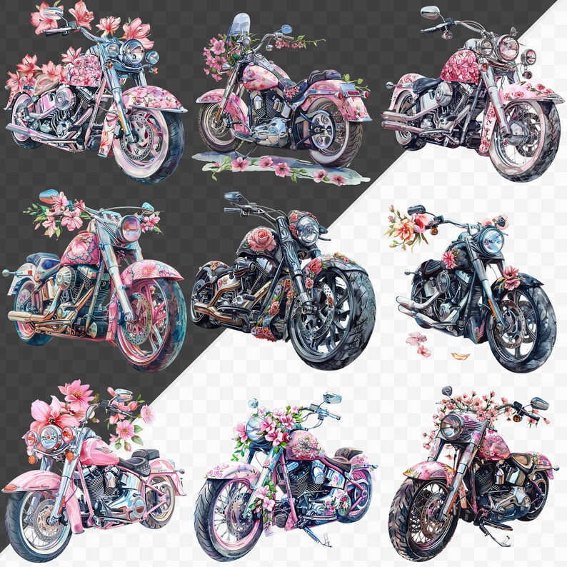 PNG acuarela floral motocicleta clipart paquete rosa floral clipart uso comercial descarga instantánea artesanías de papel diario basura scrapbooking imagen 4