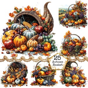 JPEG Akwarela Jesienny Koszyk Clipart Bundle jesień clipart Święto Dziękczynienia Clipart Natychmiastowe pobieranie Papierowe Rzemiosło Dziennik śmieci Scrapbooking