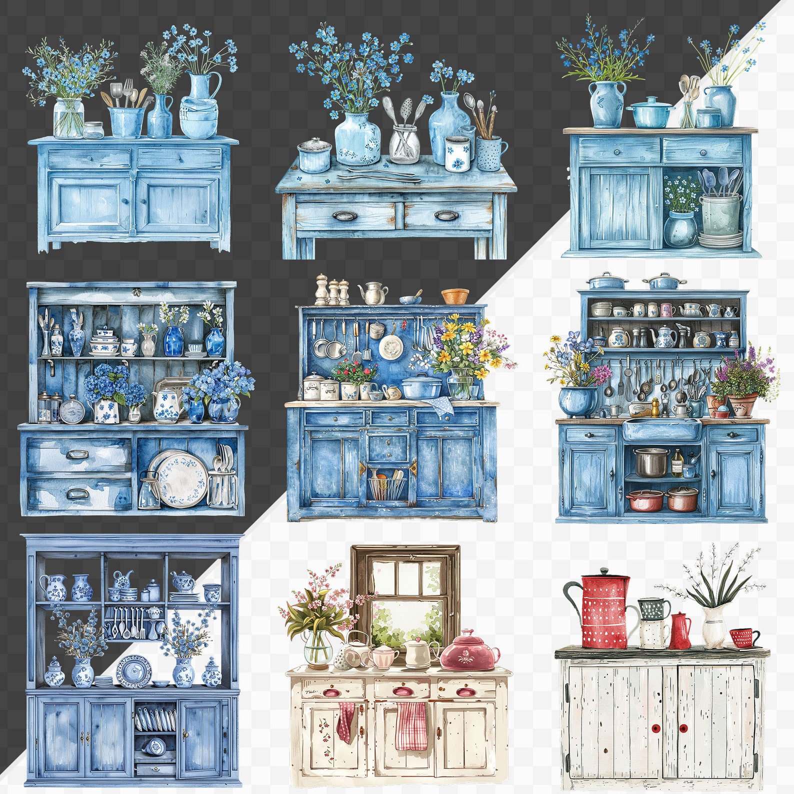 Watercolor Vintage Cupboards Clipart Bundle Antique Kitchen Clipart ...
