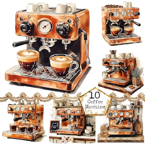 Ensemble de cliparts JPEG aquarelle machine à café vintage Coffee Shop intérieur vintage Téléchargement instantané Papier Artisanat Junk Journal Scrapbooking