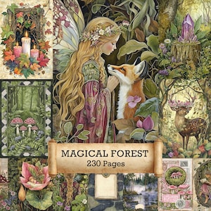 Puede incluir: Una impresión de arte digital titulada "Bosque Mágico" que presenta a un hada con cabello rubio largo y un zorro. La obra de arte incluye una variedad de escenas forestales, incluyendo hongos, un ciervo y un cristal. El texto en el pergamino dice "Bosque Mágico 230 Páginas."