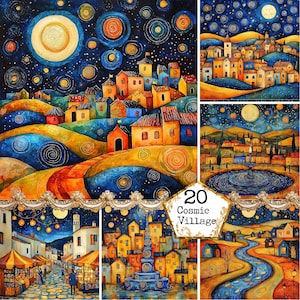 Paquete de gráficos de pueblos de fantasía con acuarela JPEG Paisaje de ciudad caprichosa por la noche Descarga instantánea en JPEG Manualidades con papel Diario basura Scrapbooking